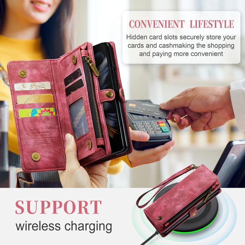 2 in 1 Detachable Magnetic Phone Case for Samsung Galaxy Z FOLD 4 Card Slots Zipper Wallet Case Support Wireless Charging