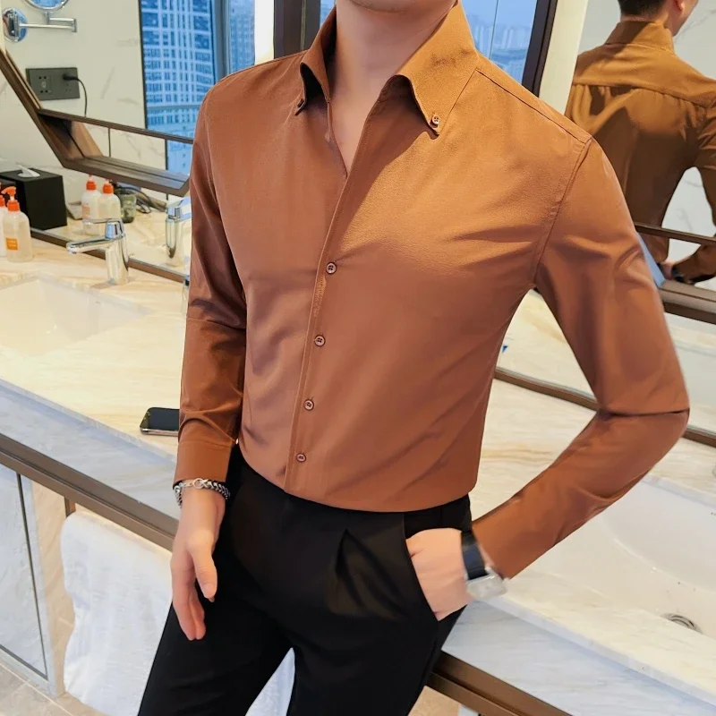 

High Quality V-neck Shirt Fashion Men Four Seasons New Solid Color Shirt Business Wedding Casual Dress All Match England Style