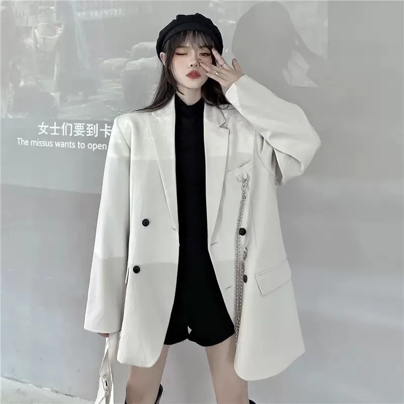 

New Fashion Suit Jacket Women Double Breasted Loose Mid-Length Black Blazer Femme Spring Autumn Streetwear Outerwear Tide H2766