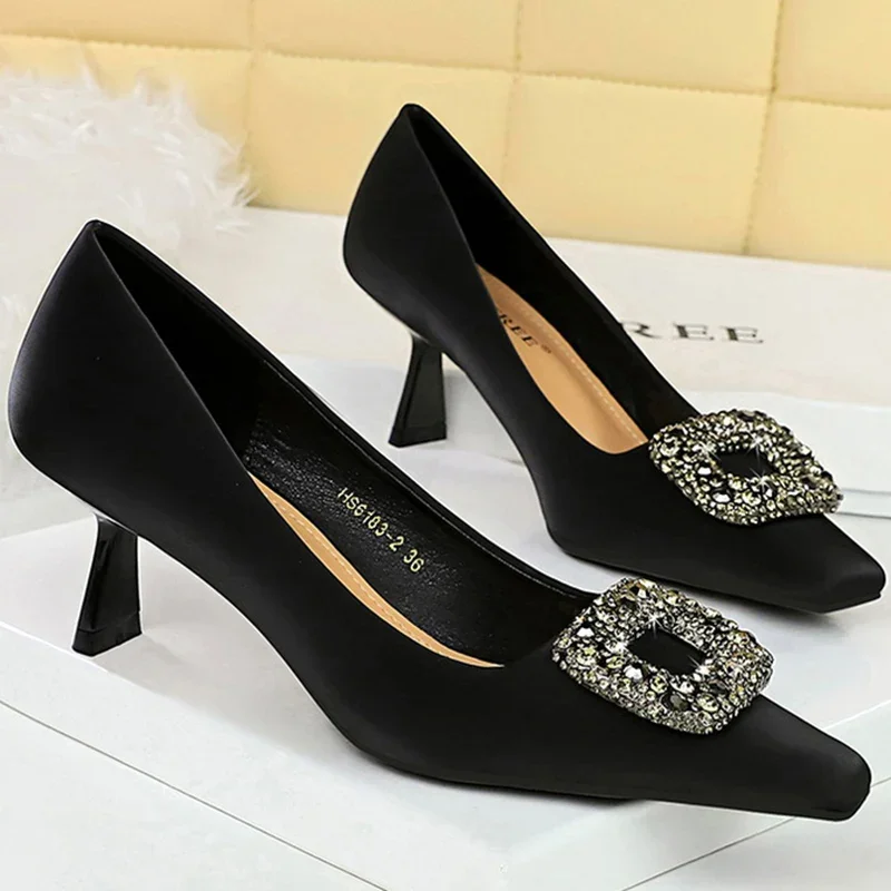 

All-match Fashion Women Shallow Square Toe 6cm Thin High Heels Ladies Black Kitten Low Heels Party Metal Crystal Buckle Shoes