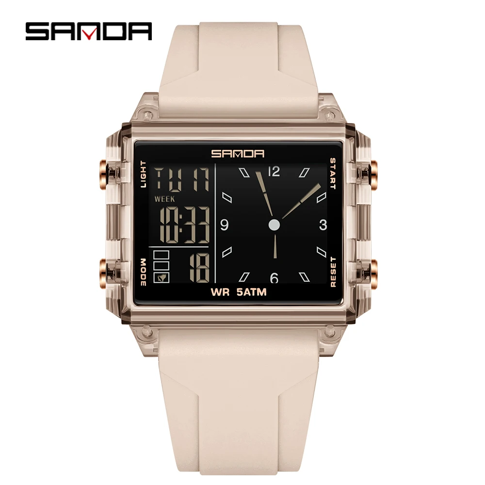 SANDA Luxury Digital Square Dial Sport Waterproof Watch with LED Display