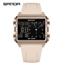 SANDA Luxury Digital Square Dial Sport Waterproof Watch with LED Display (Khaki)