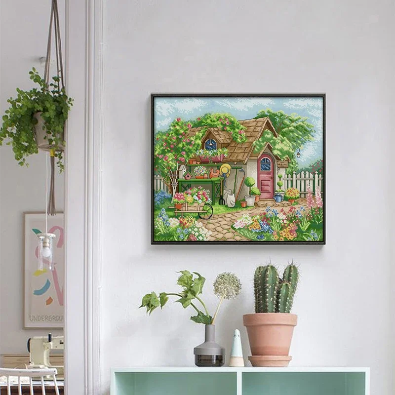 Joy Sunday Kreuzstichset Garten Cottage HD Muster Aida 16/14CT gezählt bedruckter Stoff Leinwand DIY Stickerei Kits Nadelset – Detail 4