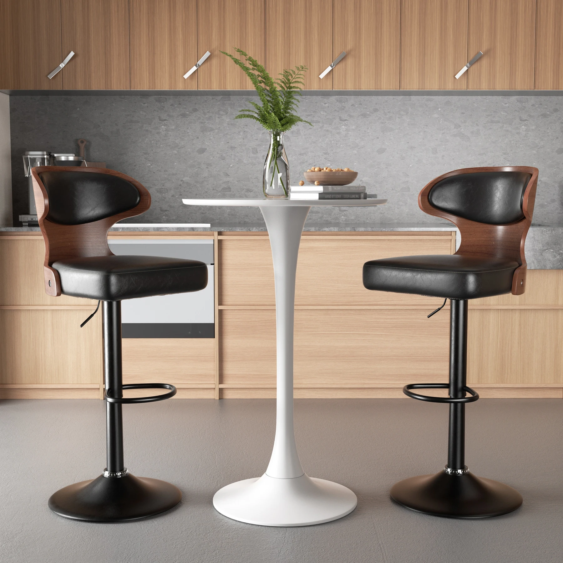 Bar Stool 2-Piece Set, Bent Wood Swivel Bar Stool with Backrest and Footstool-Pu Leather Cushion Chair