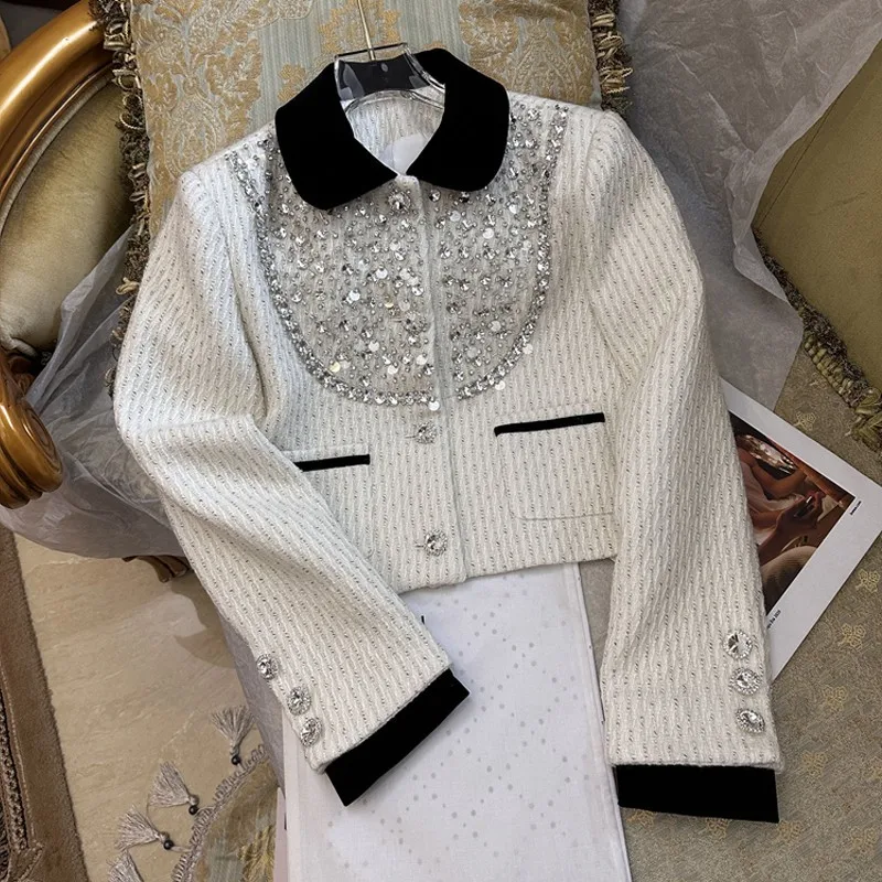 

2023 early spring new handmade diamond studded beads short cardigan coat short style top girl temperament
