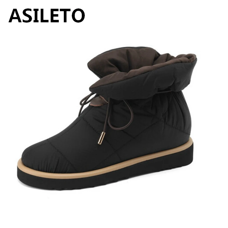 

ASILETO Elastic Waterproof Down Material Real Warm Thick Wool Ankle Snow Boots Furry Anti Slip Light Weight 3.5cm Heel 34-43
