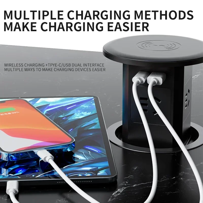 리프팅 데스크 전원 자동 팝업 엘리베이터 소켓 타워 소켓 미국 영국 AU UN 플러그 어댑터 USB Type-c 무선 충전, 숨겨진
