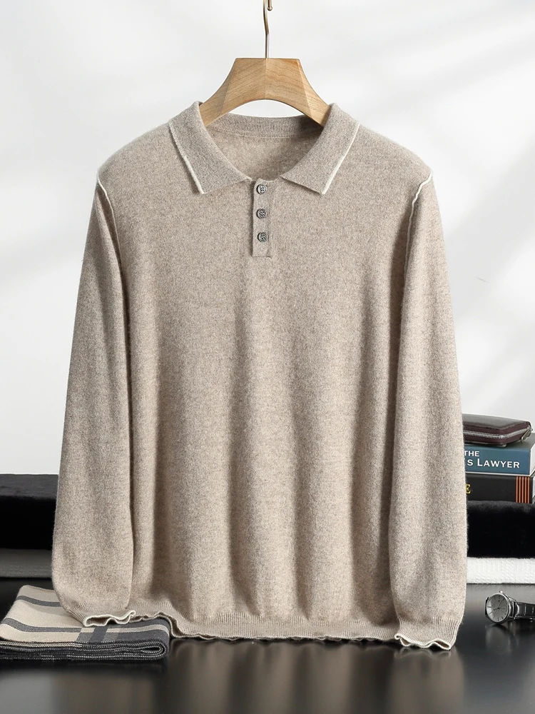 Men's 100% Cashmere Polo Sweater Autumn Winter Basic Smart Casual Long Sleeve Pullover Cashmere Knitwear Soft Comfy Clothing Top 3