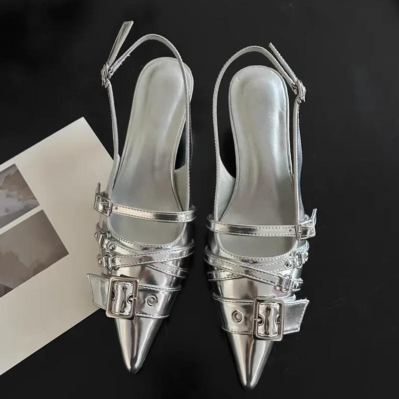 Spitze High Heels für Damen mit Schnallenverschluss, Baotou Cold Slippers 2025, Halb-Riemchen-Pumps mit offenem Rücken – Detail 14