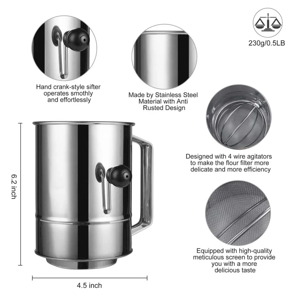 1pcs Flour Sifter For Baking 5 Cup Stainless Steel With 4 Wire Agitator Powdered Sugar