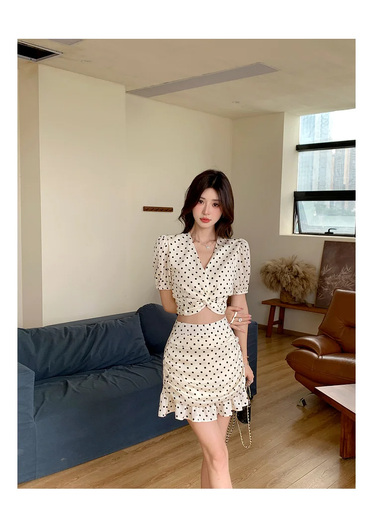 New Summer Two-piece Skirt Set Women Elegant Polka Dot V-neck Cropped Top Bodycon Short Skirt Y2K Sexy Korean Fashion Outfits