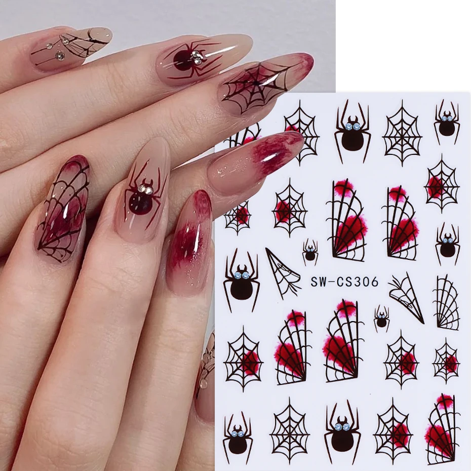 3pcs Halloween Spider Web Nail Stickers 3D Self Adhesive Cartoon Ghost Spider Bat Pumpkin Nail Decals DIY Manicure Decoration