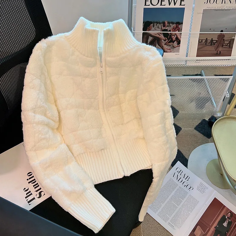 

Lambs Wool Women White Solid Color Turtleneck Cardigan Loose Long Sleeve Knitted Zipper Sweater Coat Korean Warm Thicked Tops