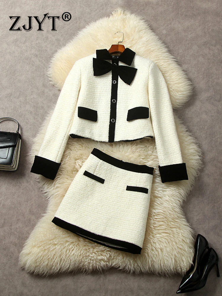 

ZJYT Winter Dress Sets 2 Piece for Women Party Outfit 2023 Single Breasted Bow Tweed Woolen Jacket Skirt Suit Elegant Lady New