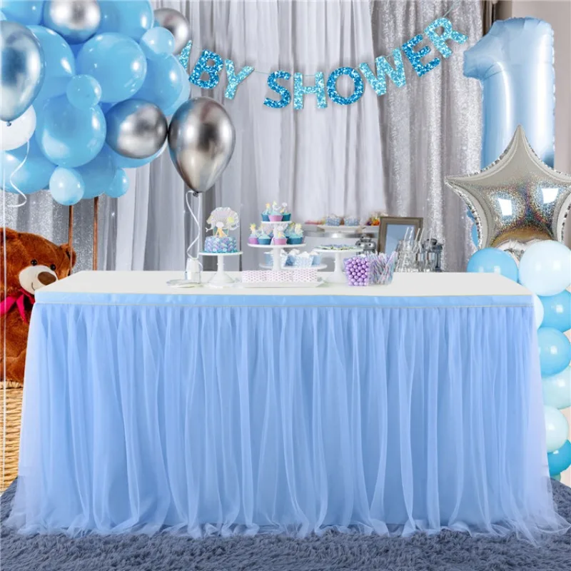Blue Pink Tulle Table Skirt Baby Shower LED Tablecloth for Rectangle Tables Birthday Party Cake Sweet Table Decorations 14FT/8FT