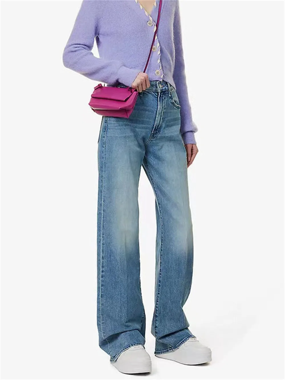 

Women's High Waist Washed Vintage Blue Jeans 2023 Spring Summer New Female High Waist Loose Straight Wide Leg Pants