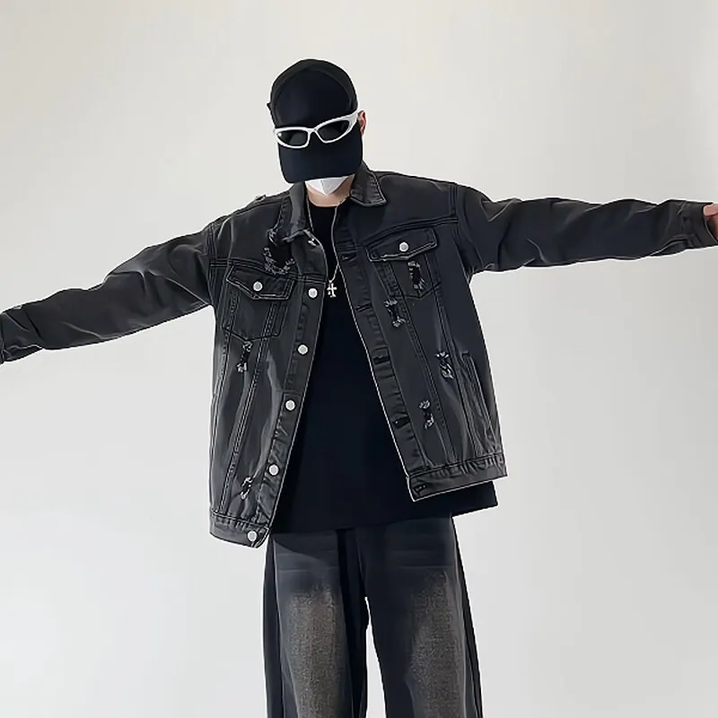 Hochwertige Baumwoll-Denim-Jacken für Herren, Motorrad-Freizeitjacken, Frühjahr/Herbst 2026 Streetwear, Lockere Schwarze und Blaue Oberteile, Retro-Mäntel – Detail 10