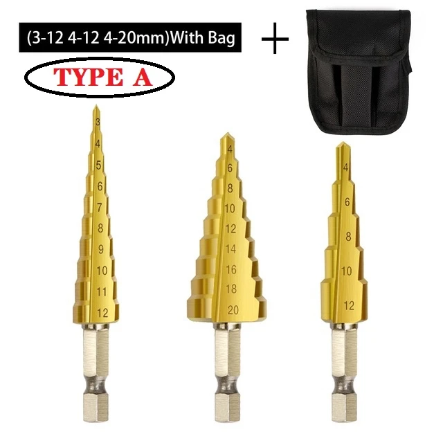 

3pc Hss step drill bit set cone hole cutter Taper metric 4 - 12 / 20 / 32mm 1 / 4 "titanium coated metal hex core drill bits