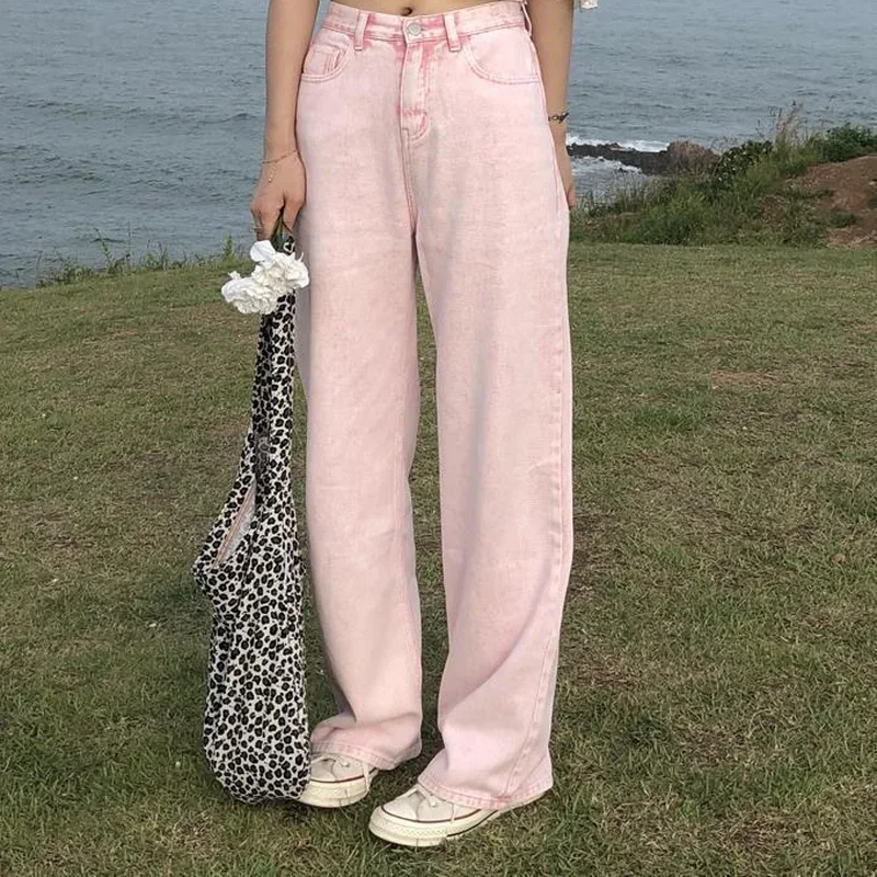 Women 2023 Y2k Harajuku Thin Wide-leg Casual Trousers Women's Jeans with Belt Pink Retro High Waist Temperament Wide-leg Pants