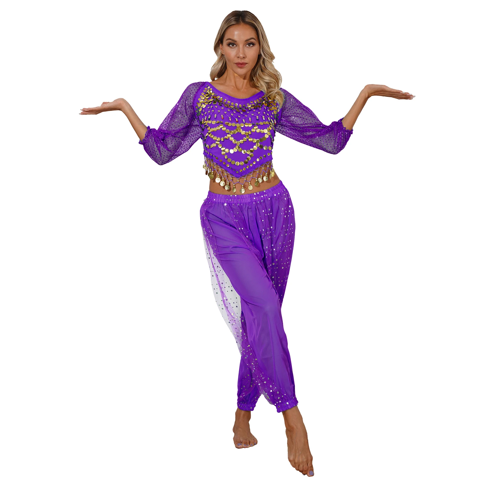 

Womens Belly Dance Chiffon Trousers Pants Oriental Indian Dance Costume Fashion Sequined Dots Semi See-Though Bloomers Pants