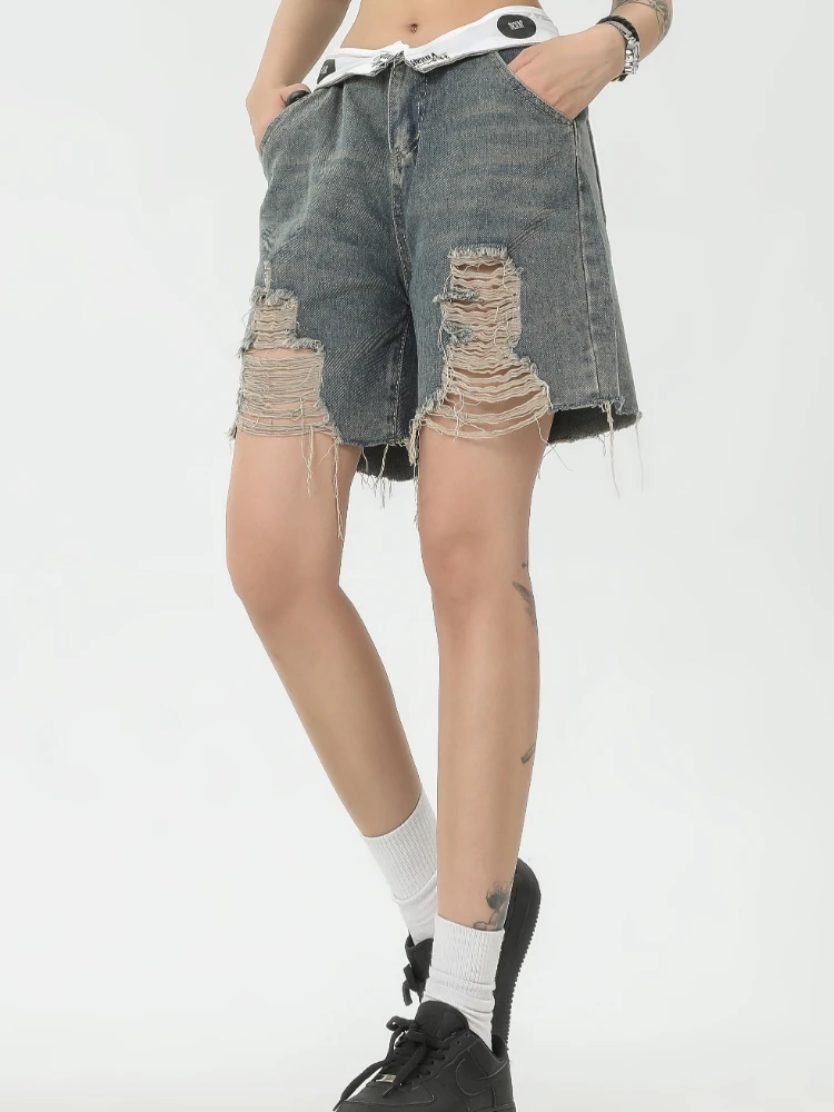 Y2k Harajuku Wide Tassel Jeans Shorts Women Blue Ripped Denim Shorts Vintage 90s Aesthetic Cowboy Mini Short Pants 2000s Clothes