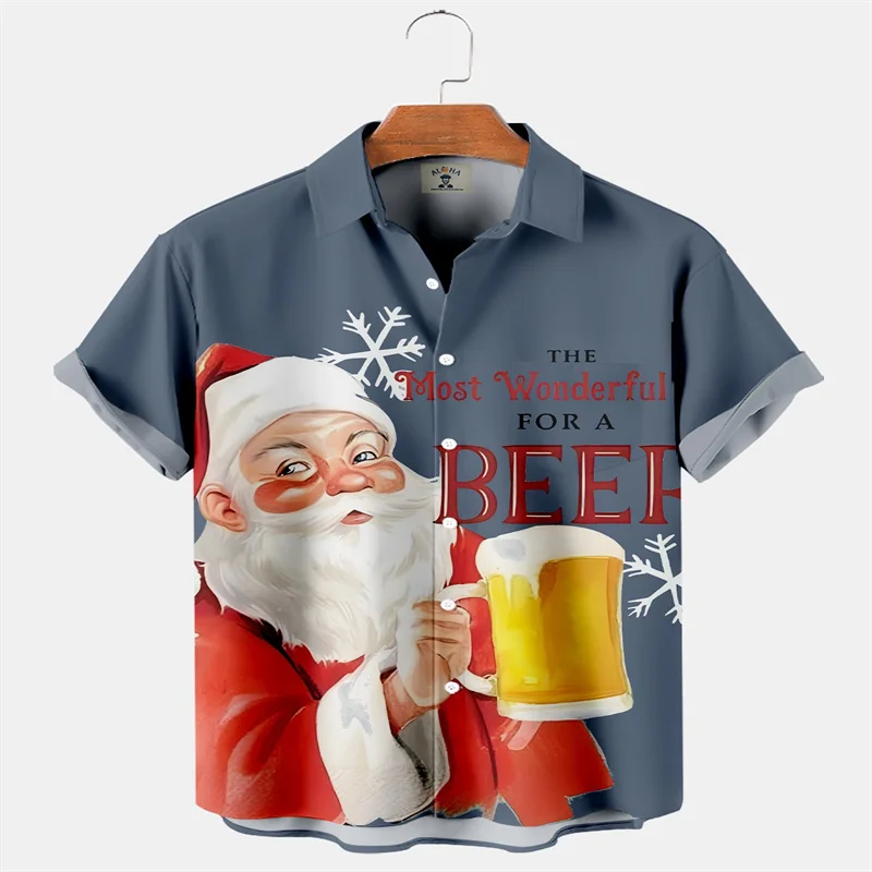 Hawaiian 3D printed Christmas Pop lapel beach short-sleeved men's casual shirt