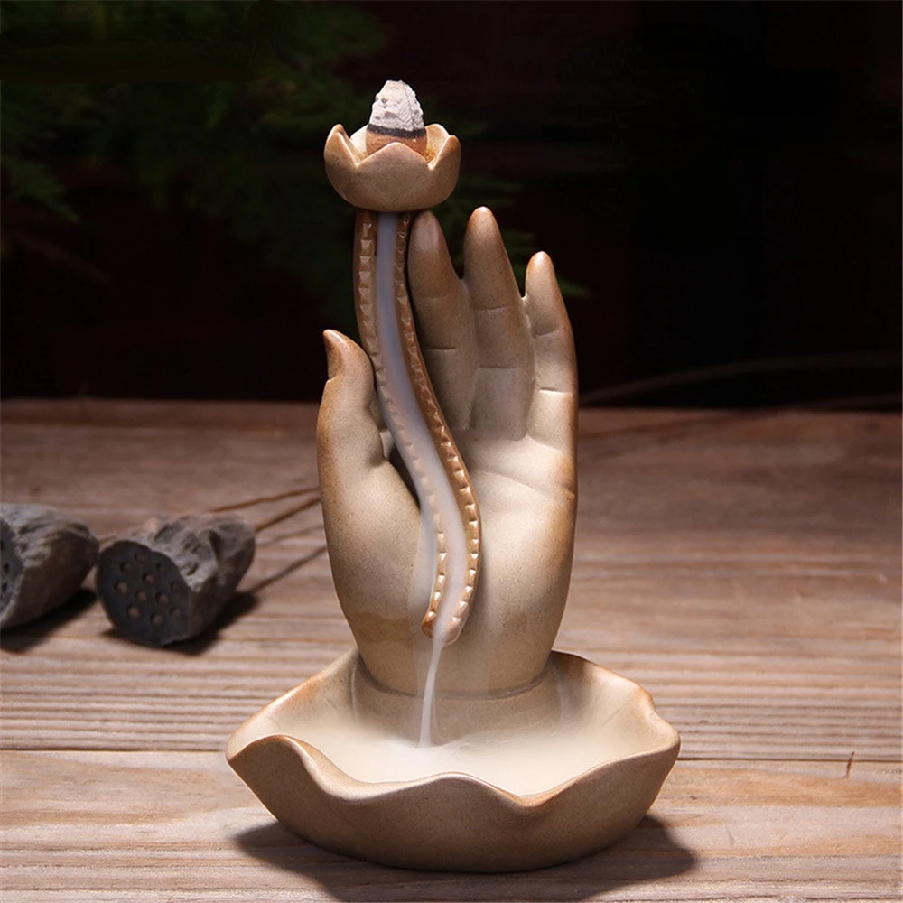 

Indian Buddha Palm Lotus Pond Incense Burner Hand Cones Backflow Incense Censer Burner Zen Meditation Yoga Incense Holder