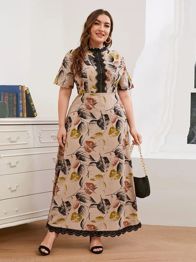 Women Plus Size Long Dresses 2023 New Summer Casual Elegant Short Sleeve Lace Embroidered Printed Formal Evening Party Clothing
