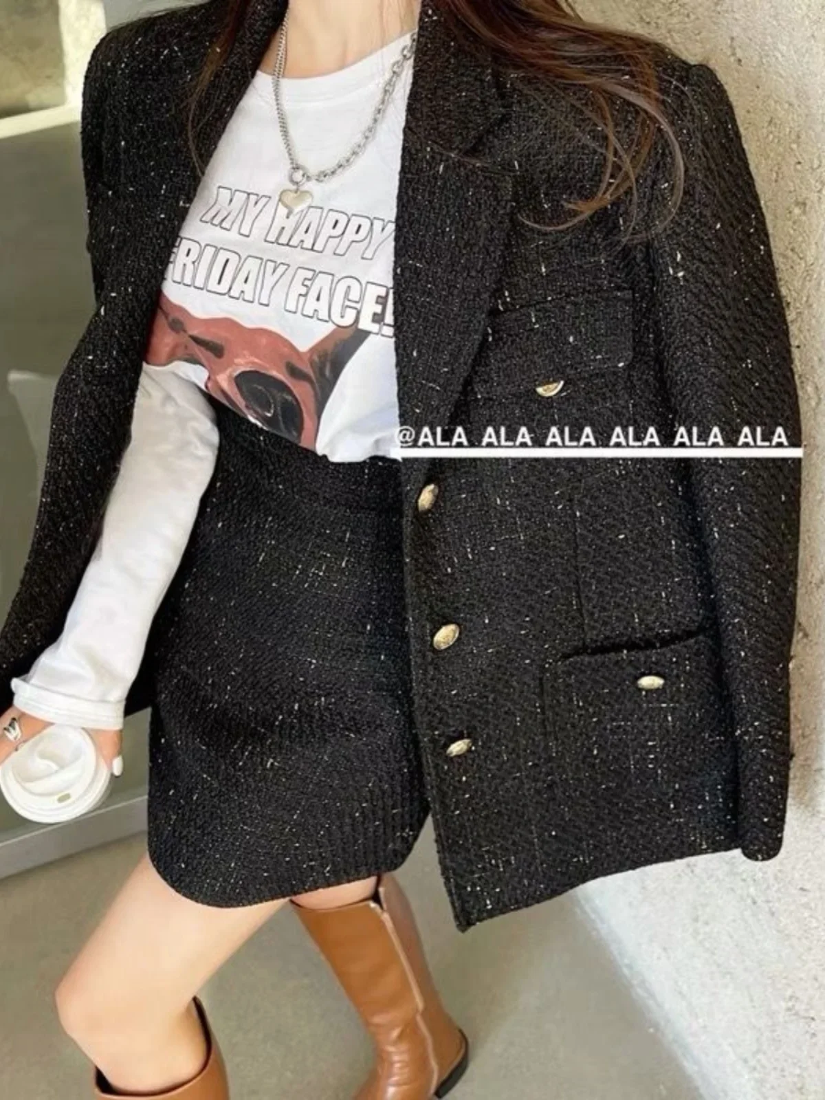 

UNXX Elegant and Stylish Winter Thickened Tweed Blazer Jacket and Skirt Set for Women Female Office Lady Girl Hot Sale 2 Piece