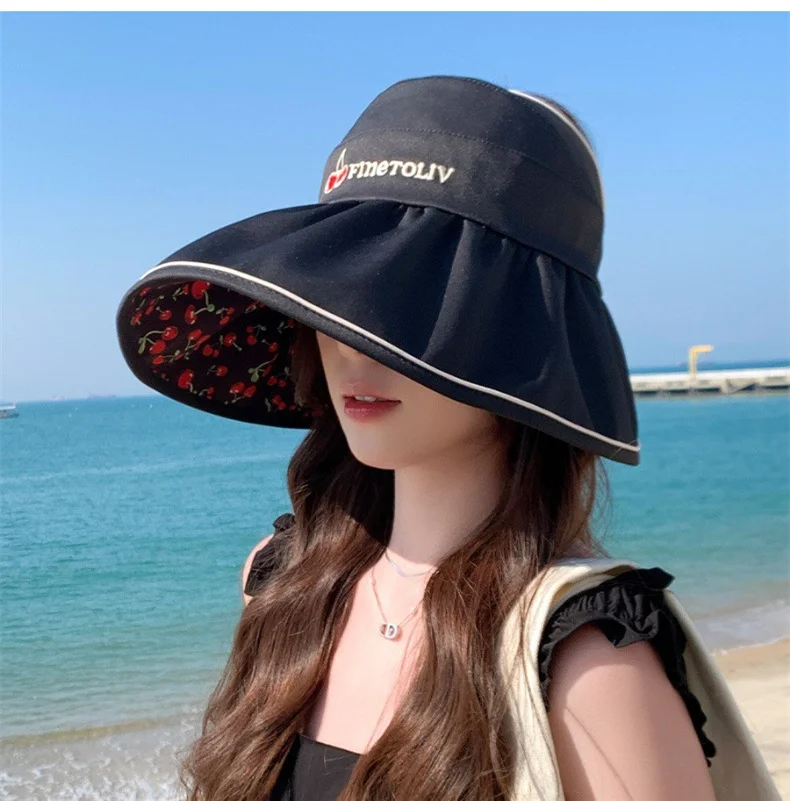 Double-sided Wear Large Rim Hollow Top Hat Women's Summer Cycling UPF50+ Shade Sunscreen Hat Hundred Sun