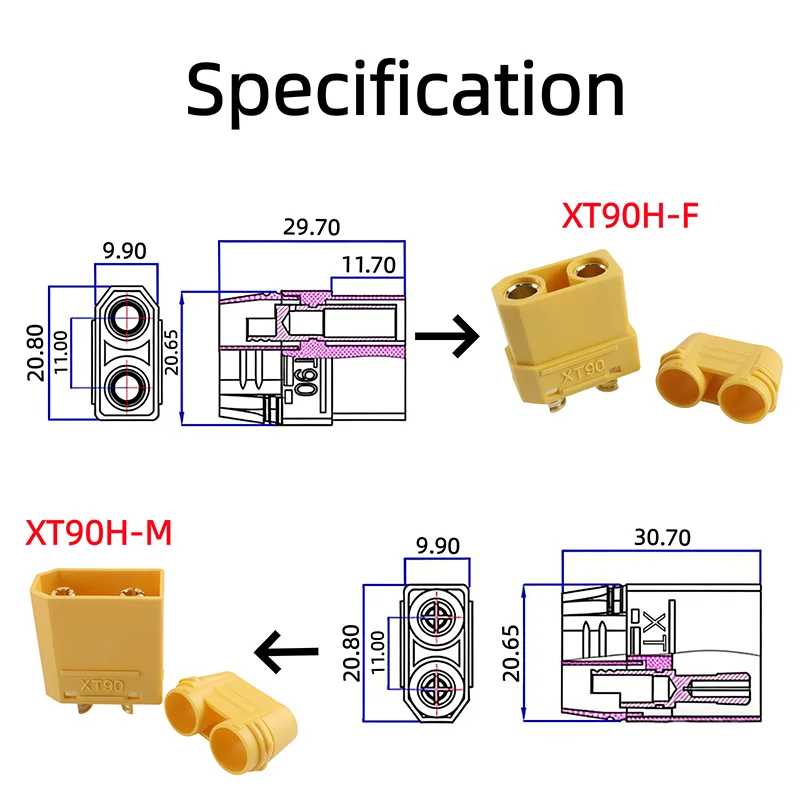 Deux connecteurs XT90H, mâle et femelle, prêts à être branchés pour batterie RC.