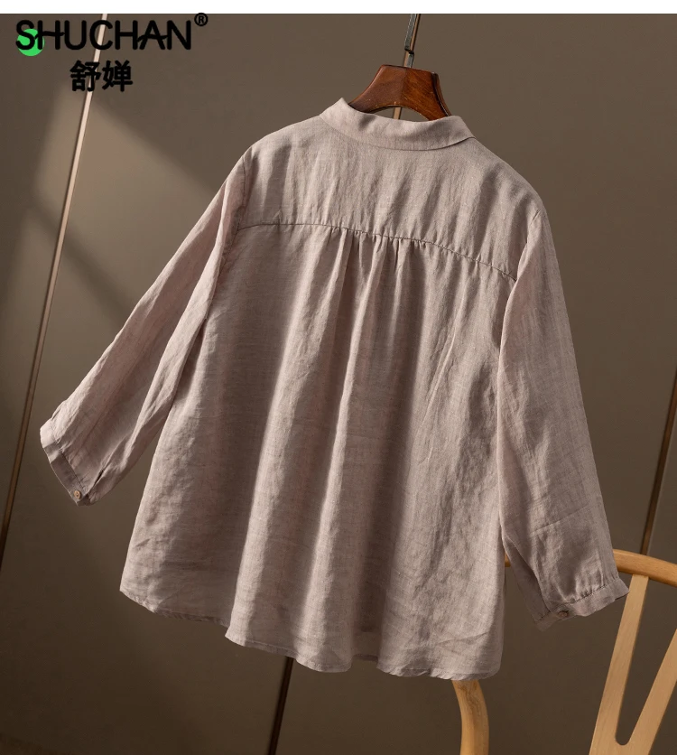 2024 New 100% Ramie Shirt Women Blusas Mujer Three Quarter Sleeve Women Tops  Blusas Femininas Elegantes