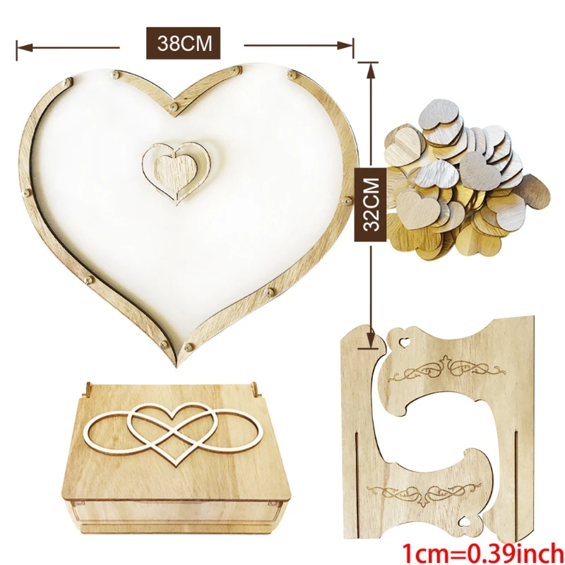 Y1UB Wooden Heart Frame Transparent Wedding Guest Book Vintage Alternative Sign Drop Box Rustic Baby Shower Party