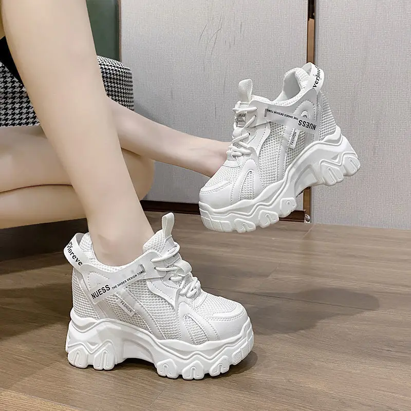 Autumn New High-top Mesh Breathable Dad Shoes With 10CM Increase In Height Thick-soled Casual Sports Vulcanized Shoes For Women