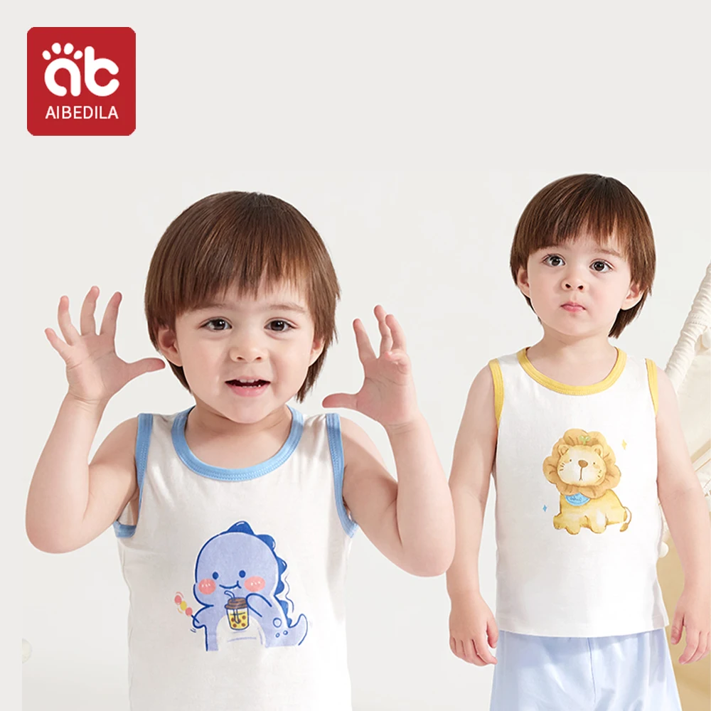 

Летняя Повседневная жилетка AIBEDILA для детей 0-2 лет, топы без рукавов для мальчиков и девочек, хлопковая Футболка с мультяшным рисунком, футболки, топы для малышей, наряды