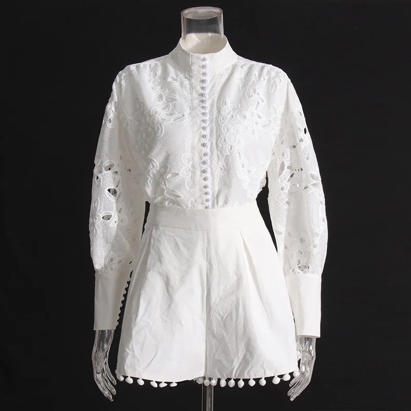 

SuperAen Elegant Style Autumn New Stand Collar Long Sleeve Embroidery Hollow Design Shirt High Waist Shorts Women Two Pieces Set