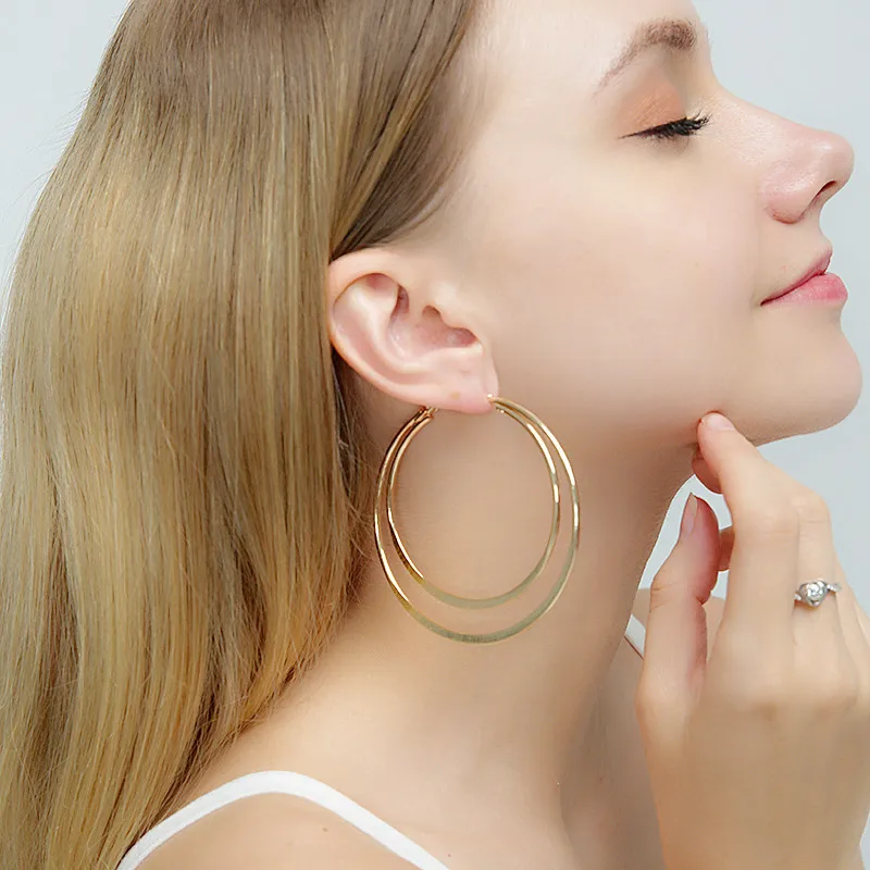 Edelstahl Übertrieben Runde Big Hoop Ohrring Frauen Glatte Design Vintage Doppel Ringe Ohrring Persönlichkeit Erklärung Hoops – Detail 24