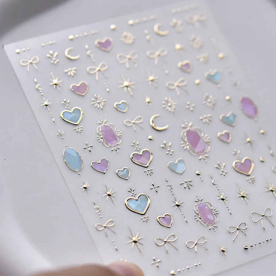 1pcs 5D Shell Light Nail Stickers Shoiny Gold Border Love Heart Bowknot Moon Star Nai Art Decal Manicure Decorations 5