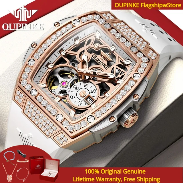 OUPINKE 3220 Flywheel Hollow Automatic Women Mechanical Watch Tonneau Diamond Luxury Silicone Sapphire Dress Women's Gift Watch