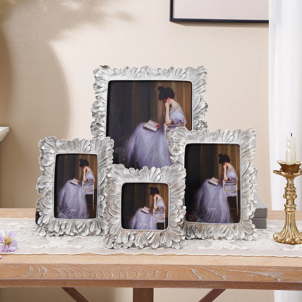 1PC, European-style silver palm leaf lace decorative photo frame, suitable for family photo display and shooting prop decoration