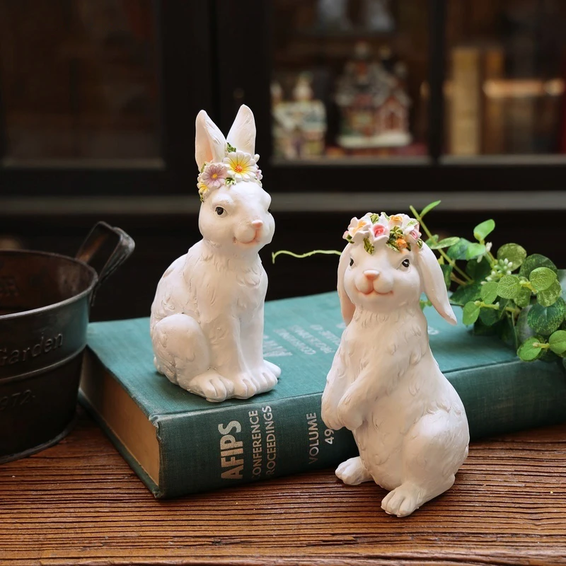 

Cute White Flower Rabbit Sisters Couple Resin Adornments Home Bookcase Sculpture Crafts Garden Balcony Lawn Figurines Decoration