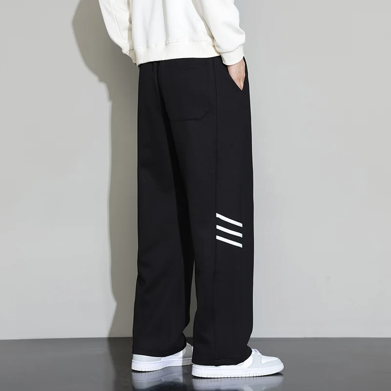 Men's Solid Spring Autumn Elastic High Waisted Pockets Striped Harlan Casual Loose Workwear Sports Trousers England Style Pants
