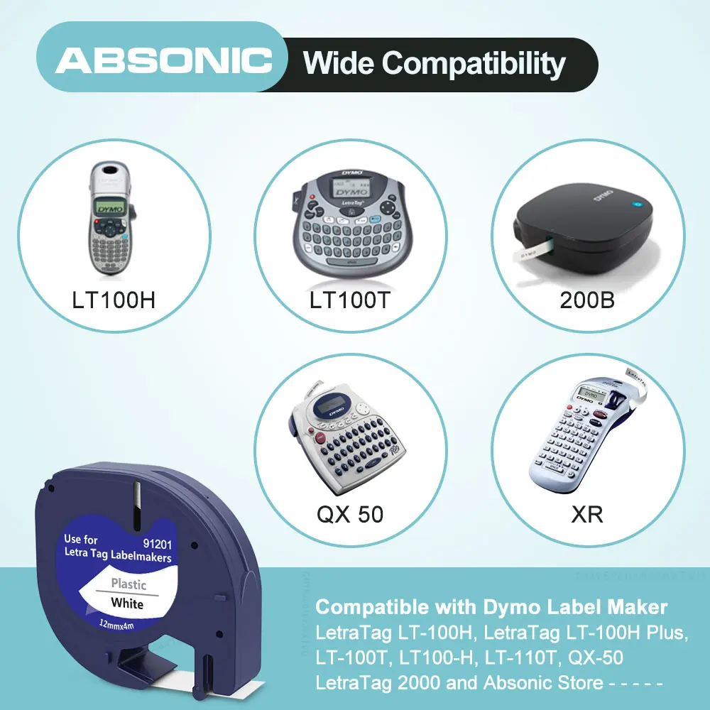 Absonic 12mm LT 테이프 91201 12267 91200 Dymo Letratag 라벨 91202 91203 91204 91205 호환 Dymo Letratag LT-100H 라벨러