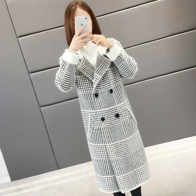 Imitation Mink Cashmere Coat Mid Long Faux Mink Velvet Jacket 2024 Winter Fall Loose Slim Thick Plaid Coat Soft Faux Fur Jackets