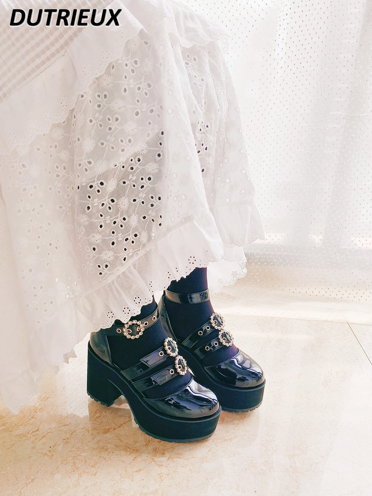 Japonský styl sladké holka JK tlustý pata platforma dámská boty drahokamu spona maria Jana lolita dobývat černá sandály