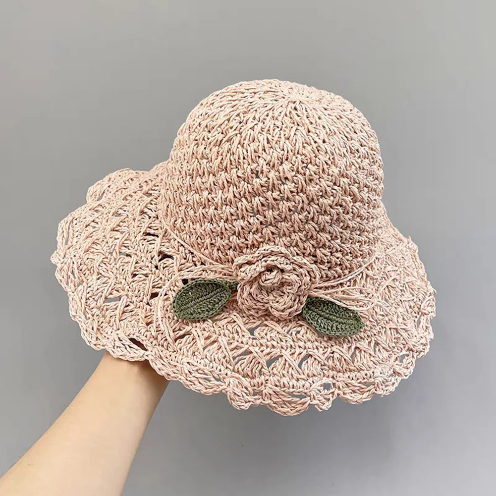 Portable Ladies Straw Hat With Flowers Women Travel Beach Hats Comfy Face Sunscreen Caps for Spring Summer