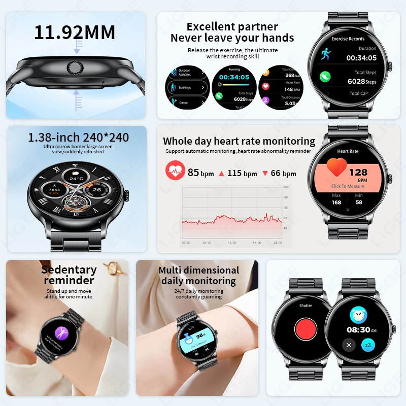 LIGE Smart Watch Men Women Heart Rate Health Monitor Bluetooth Call IP68 Waterproof Sports Fitness Watch Alarm Clock Smartwatch