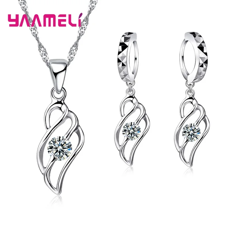 925 Sterling Silver Crystal Flower Square Pendant Necklace Earrings Jewelry Set For Women Girls Wedding Engagement