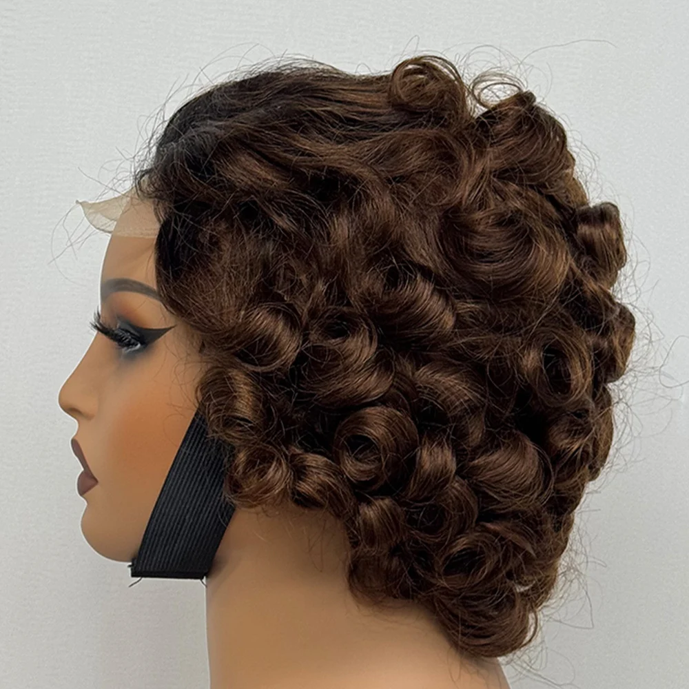 4X4 Lace Closure Wig Short Bouncy Texture Pixie Hair Real Human Hair Wig 200% Density Loose Wave Hair Wig for Black