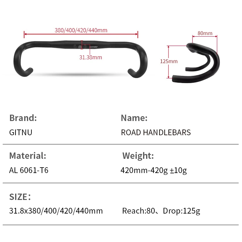 Aluminium alloy bicycle ROAD HANDLEBARS 25.4/31.8x380/400/420/440mm GITNU bicycle handlebar